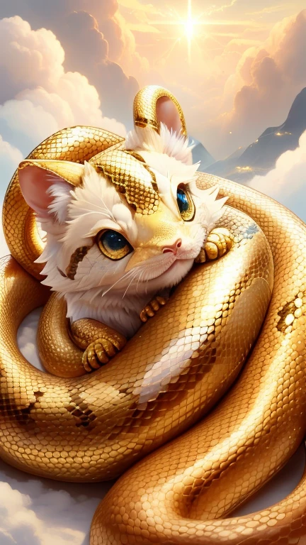 god々Cute snake、Aura of Gold,Looking into the camera、Look at this、Background gold、Floating in the clouds