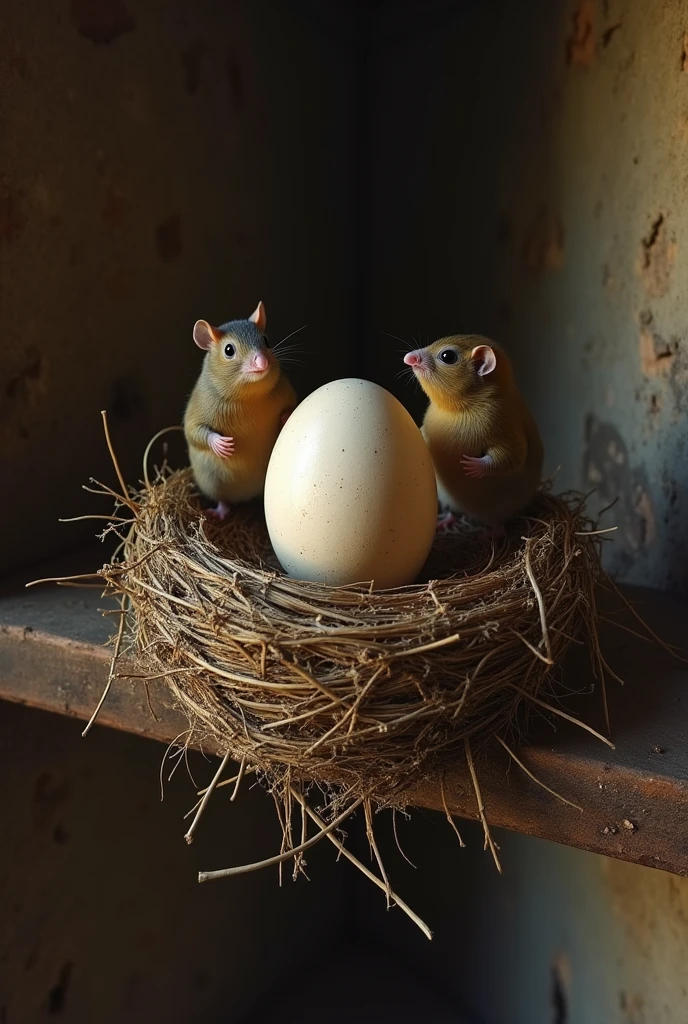 In an Indian house in 1590s a nest on fan where a egg is broken a rat and other egg is being save by a middle aged woman and birds see this.