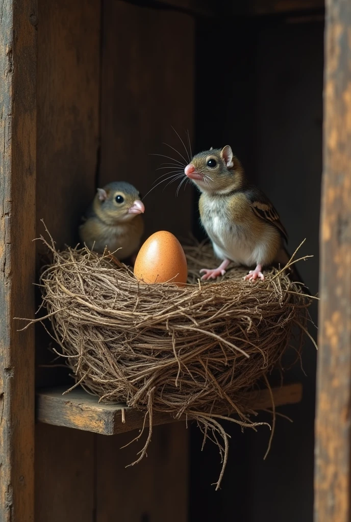 In an Indian house in 1590s a nest on fan where a egg is broken a rat and other egg is being save by a middle aged woman and birds see this.