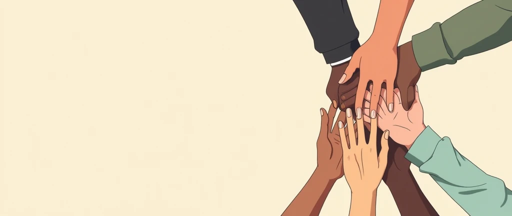 A Ghibli-style illustration featuring a group of hands, each with 5 fingers, stacked on top of one another, representing people from diverse ethnic and cultural backgrounds. The left side of the image is left blank for text, creating a balanced composition. The focus is on the unity and oneness of the group, with soft pastel colors and gentle lighting, symbolizing teamwork, community, cooperation, and racial equality.