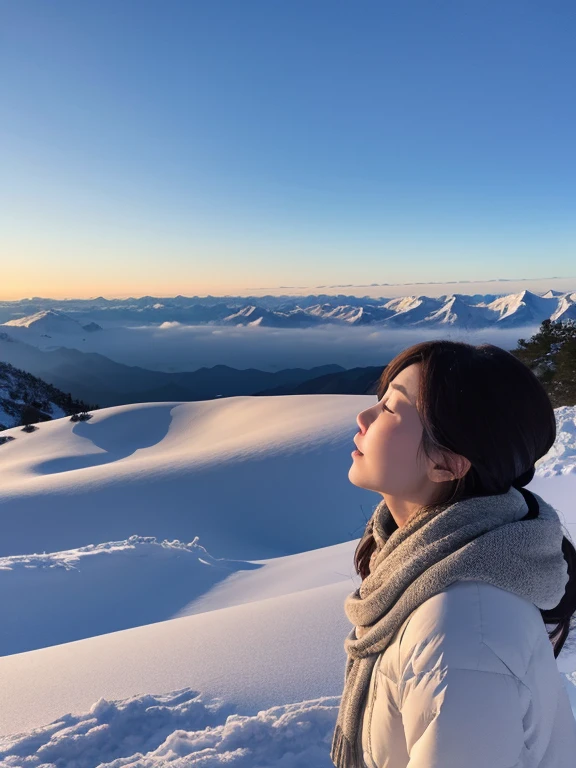 Beautiful woman、Standing on a snowy mountain, looking up at the sky、early morning、((It's snowing))