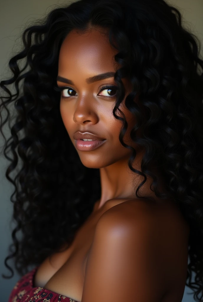there is a black woman , the woman has curly black curly, she has brown skin, with brownish skin, with long curly, long black wet bouncy curls she is taking a thirst trap