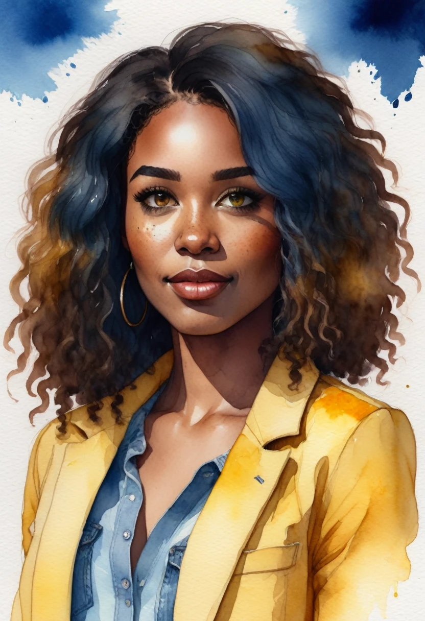 Watercolor illustration of a female character. A beautiful 25-year-old black woman, she has dark wavy hair that falls in a cascade. She has striking eyes and freckles on her face. A woman is wearing a yellow blazer over a blue tank top and denim shorts.
