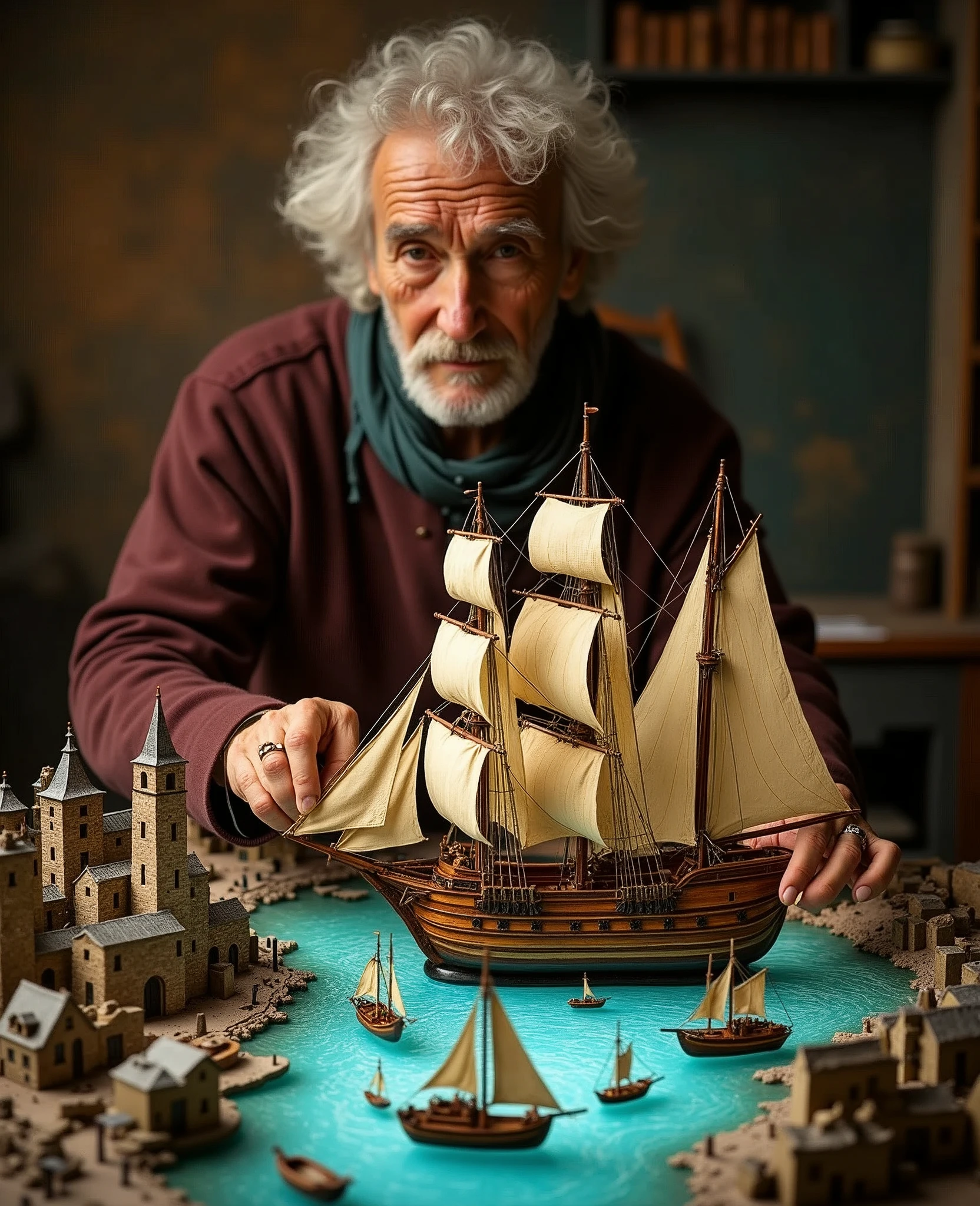 A work made by an old man whose hobby is model sailing ships,Medieval European Sailing Ships,A miniature pedestal that projects a scene