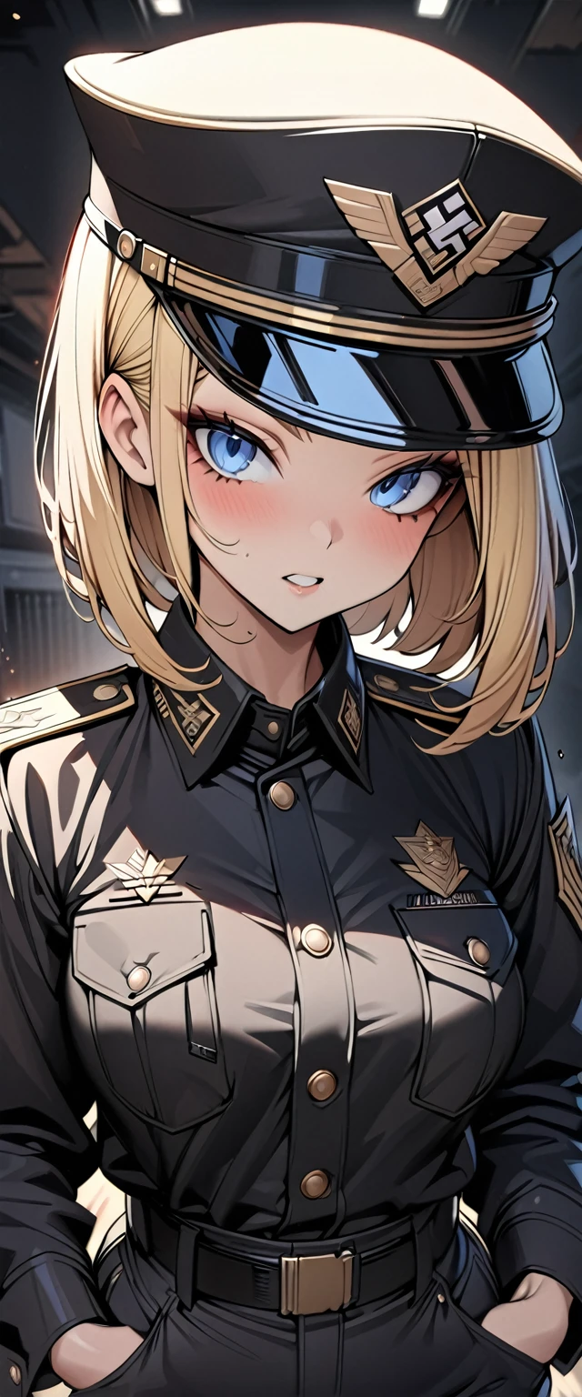 Bobcut　Blonde　forehead　soldier　Nazis　uniform　Officer　陸軍Officer　Black costume　Army Costume　Wearing military gear　Army Caps　Long sleeve　Long trousers　((Loose-fitting clothing))　((Upper Body))　Big eyes　Blue eyes　Highest quality　Super detailed　detailed woman　High quality　8k　