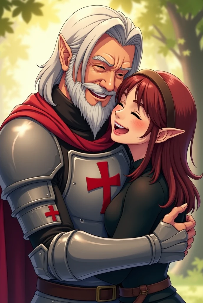 An old human with white shoulder-length hair and a beard, Human ears silver armor with a red Maltese cross on the chest hugging a brunette elf of 1,68, with reddish brown hair and black clothes, both smiling at the camera, アニメ