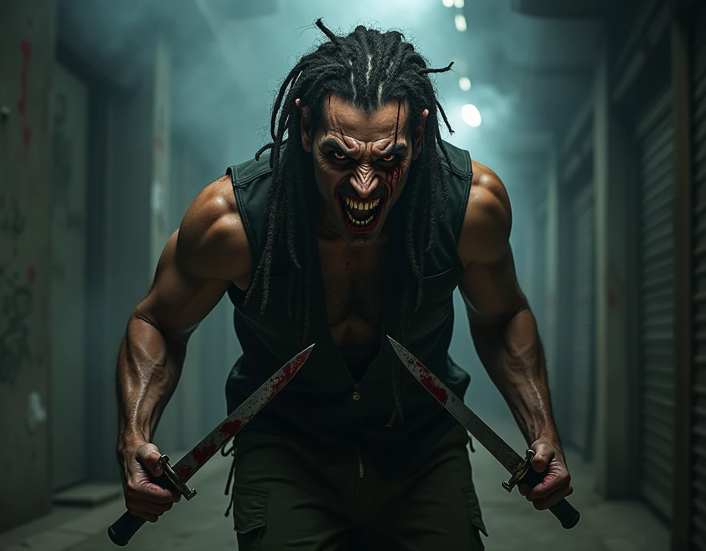 (raw photo, best quality) , (Realistic, photo-realistic: 1.3), Extremely formidable, general plan, masterpiece, ultra-detailed, high resolution, Best illustration, best shadow, complex, depth of field, horror, scary, terrifying, single, man 1 (male), athletic, dirty hair, dreadlocks (scary eye), (red eyes) bad crazy eyes, sadistic smile of crazy monster with sharp and pointed teeth, elongated chin, piercing lips, look at the viewer, black clothes, sleeveless black jacket, blood, sangy, crazy expression, sharpness, his hands hold knives, volumetric fog, 8k, digital SLR, high quality, (film grain: 1.4), Fujifilm XT3, Night, night
