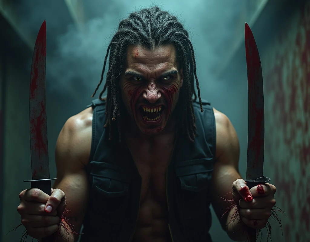 (raw photo, best quality) , (Realistic, photo-realistic: 1.3), Extremely formidable, general plan, masterpiece, ultra-detailed, high resolution, Best illustration, best shadow, complex, depth of field, horror, scary, terrifying, single, man 1 (male), athletic, dirty hair, dreadlocks (scary eye), (red eyes) bad crazy eyes, sadistic smile of crazy monster with sharp and pointed teeth, elongated chin, piercing lips, look at the viewer, black clothes, sleeveless black jacket, blood, sangy, crazy expression, sharpness, his hands hold knives, volumetric fog, 8k, digital SLR, high quality, (film grain: 1.4), Fujifilm XT3, Night, night