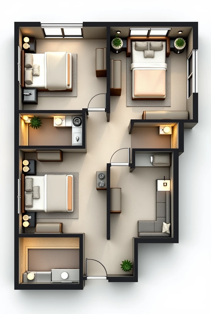  I want a triple bedroom plan with standard dimensions which must be in rectangular in shape and it should look more premium and luxurious 

