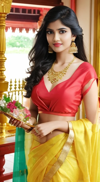 wear designer printed Saree and blouse, a bindi on the center of the forehead, extra big chest, 36D, Indian temples in background, flower basket, very well dressed, going to temple for prayers, golden heavy jewellery, very beautiful 25 year old indian girl, full body photo, mehendi in hands, random hair style, holding Puja plate with Puja items for lord Shiva, lord Shiva temple in background, jewelry, gem, necklace, necklace set, tika, vermilion, nathiya, ear rings, mangalsutra, golden haar, gold bracelet, anklets, thick lips, holding flower basket for Puja in hand, skindentation, parted lips, full body photo from front, beautiful face, beautiful body, (detailed eyes), ulzzang-6500-v1.1, thick eyelashes, long eyelashes, random hair style, broad light, backlighting, bloom, light sparkles, chromatic aberration, sharp focus, Nikon Z 85mm, unparalleled masterpiece, ultra-realistic 8k photos, best quality masterpiece, best quality,