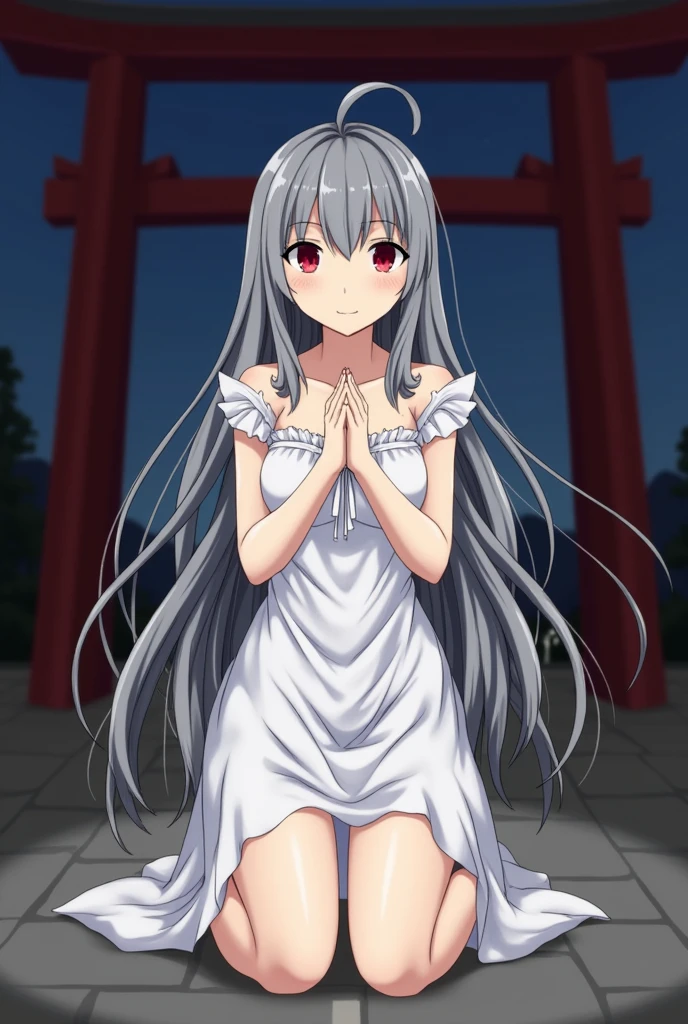 (masterpiece, Highest quality, detailed), One girl, alone, Nadeko 02, Long Hair, Red eyes, Gray Hair, (Snake Hair, Medusa,) Exposing shoulders, clavicle, White Dress,
Outdoor, night, torii, shrine, East Asian architecture, Kneel, from the front, Recall, Butt, sole, Tilt your head, Wicked Smile