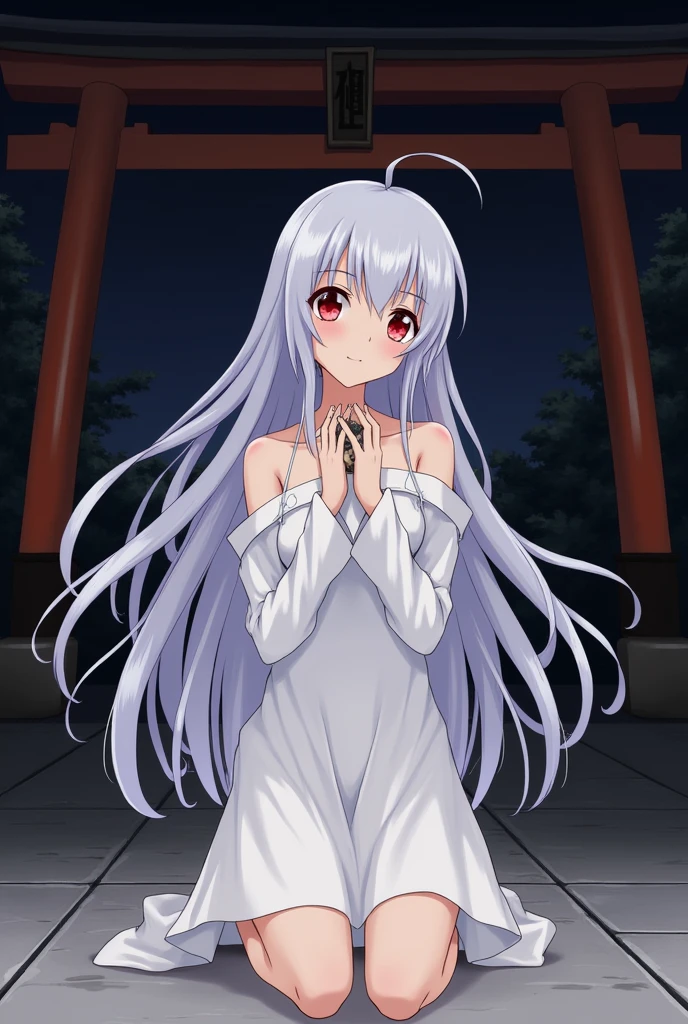 (masterpiece, Highest quality, detailed), One girl, alone, Nadeko 02, Long Hair, Red eyes, Gray Hair, (Snake Hair, Medusa,) Exposing shoulders, clavicle, White Dress,
Outdoor, night, torii, shrine, East Asian architecture, Kneel, from the front, Recall, Butt, sole, Tilt your head, Wicked Smile