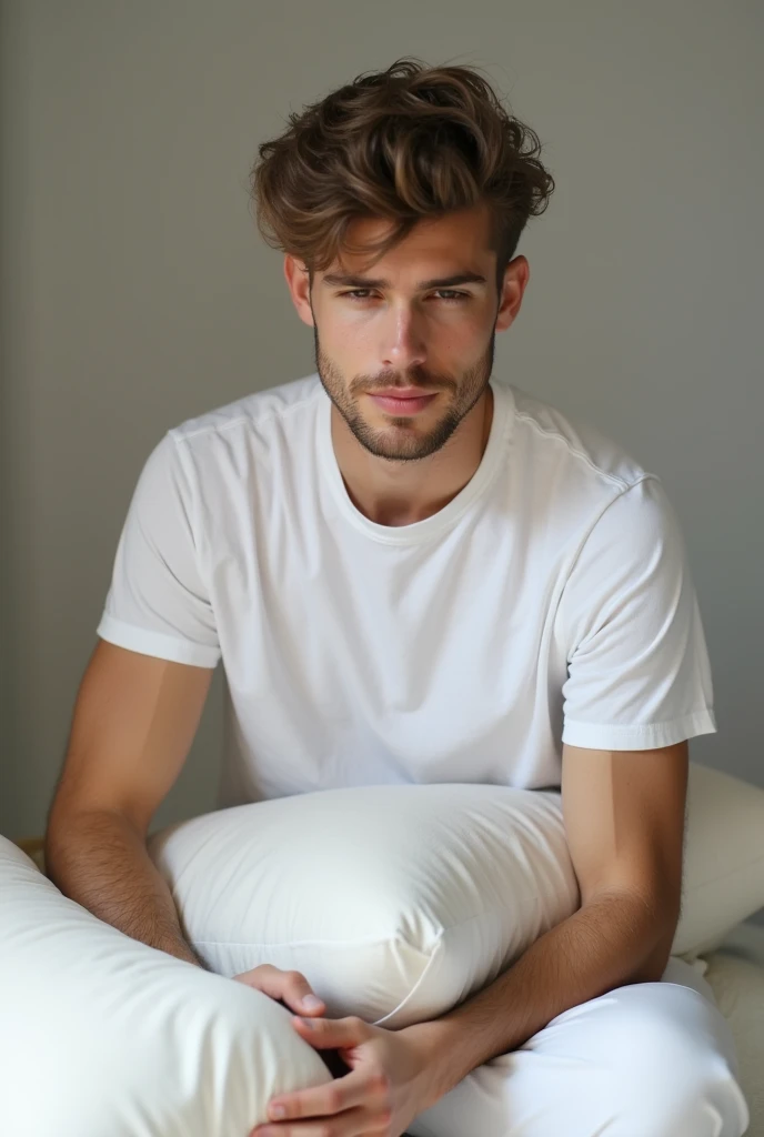 A young man, Beautiful, handsome, skinny, white t-shirt white playing with the pillow hitting with his brother hitting with the pillow