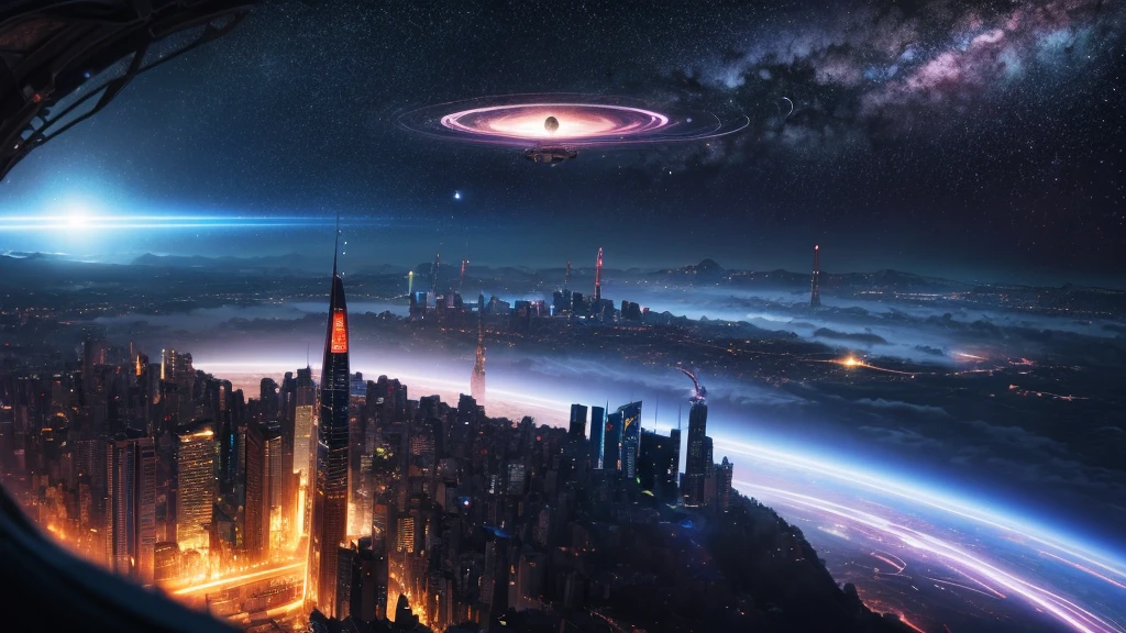 space opera theater, 5th dimension, Gods. creation,  dimensional distortion, wormhole, final fantasy7, City of the far future

