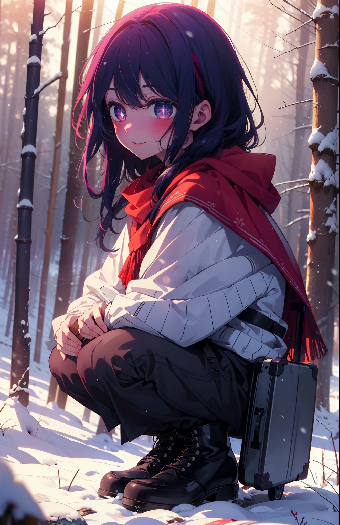 aihoshino, Ai Hoshino, Long Hair, bangs, (Purple eyes:1.1), Purple Hair, (Symbol-shaped pupil:1.5), smile,,smile,blush,white breath,
Open your mouth,snow,Ground bonfire, Outdoor, boots, snowing, From the side, wood, suitcase, Cape, Blurred, , forest, White handbag, nature,  Squat, Mouth closed, Cape, winter, Written boundary depth, Black shoes, red Cape break looking at viewer, Upper Body, whole body, break Outdoor, forest, nature, break (masterpiece:1.2), Highest quality, High resolution, unity 8k wallpaper, (shape:0.8), (Beautiful and beautiful eyes:1.6), Highly detailed face, Perfect lighting, Extremely detailed CG, (Perfect hands, Perfect Anatomy),