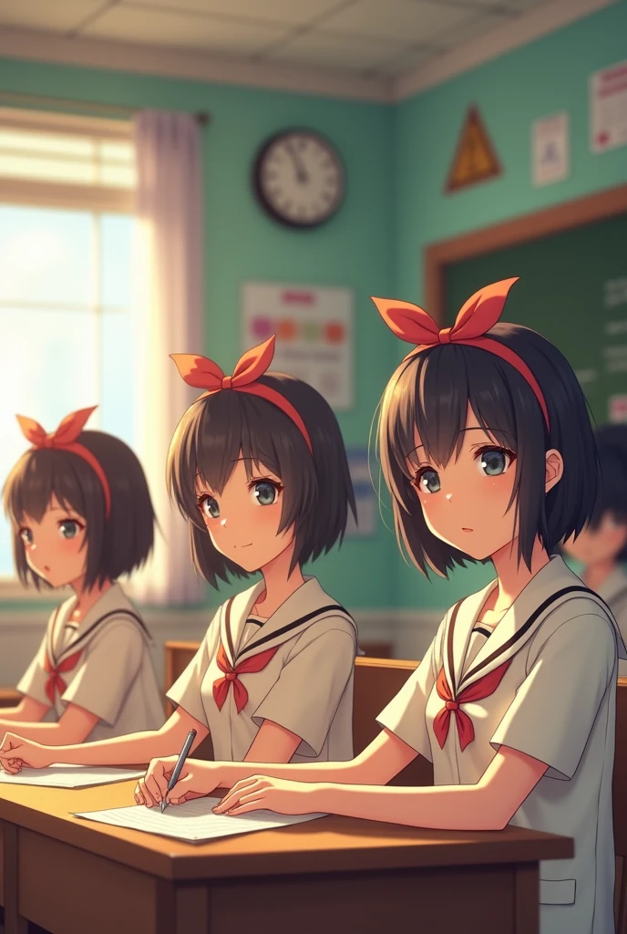 Bobcut、Headband ribbon、High school girls、classroom