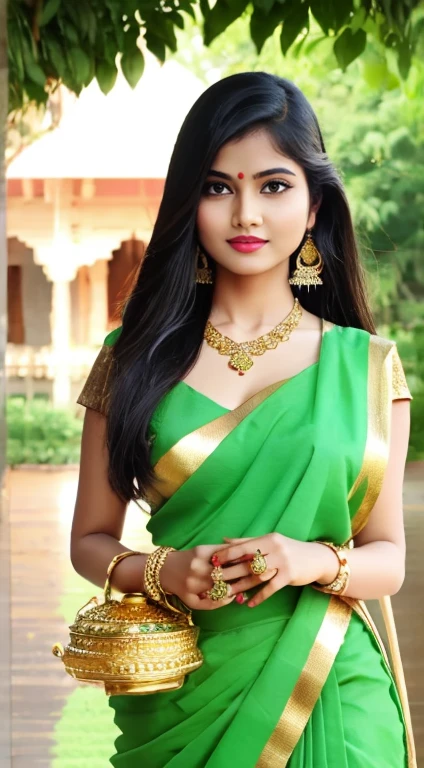 wear green designer printed Saree and blouse, a bindi on the center of the forehead, extra big chest, 36D, Indian temples in background, flower basket, very well dressed, going to temple for prayers, golden heavy jewellery, very beautiful 25 year old indian girl, full body photo, mehendi in hands, random hair style, holding Puja plate with Puja items for lord Shiva, lord Shiva temple in background, jewelry, gem, necklace, necklace set, tika, vermilion, nathiya, ear rings, mangalsutra, golden haar, gold bracelet, anklets, thick lips, holding flower basket for Puja in hand, skindentation, parted lips, full body photo from front, beautiful face, beautiful body, (detailed eyes), ulzzang-6500-v1.1, thick eyelashes, long eyelashes, random hair style, broad light, backlighting, bloom, light sparkles, chromatic aberration, sharp focus, Nikon Z 85mm, unparalleled masterpiece, ultra-realistic 8k photos, best quality masterpiece, best quality,