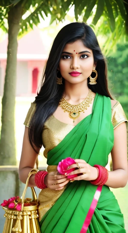 wear green designer printed Saree and blouse, a bindi on the center of the forehead, extra big chest, 36D, Indian temples in background, flower basket, very well dressed, going to temple for prayers, golden heavy jewellery, very beautiful 25 year old indian girl, full body photo, mehendi in hands, random hair style, holding Puja plate with Puja items for lord Shiva, lord Shiva temple in background, jewelry, gem, necklace, necklace set, tika, vermilion, nathiya, ear rings, mangalsutra, golden haar, gold bracelet, anklets, thick lips, holding flower basket for Puja in hand, skindentation, parted lips, full body photo from front, beautiful face, beautiful body, (detailed eyes), ulzzang-6500-v1.1, thick eyelashes, long eyelashes, random hair style, broad light, backlighting, bloom, light sparkles, chromatic aberration, sharp focus, Nikon Z 85mm, unparalleled masterpiece, ultra-realistic 8k photos, best quality masterpiece, best quality,