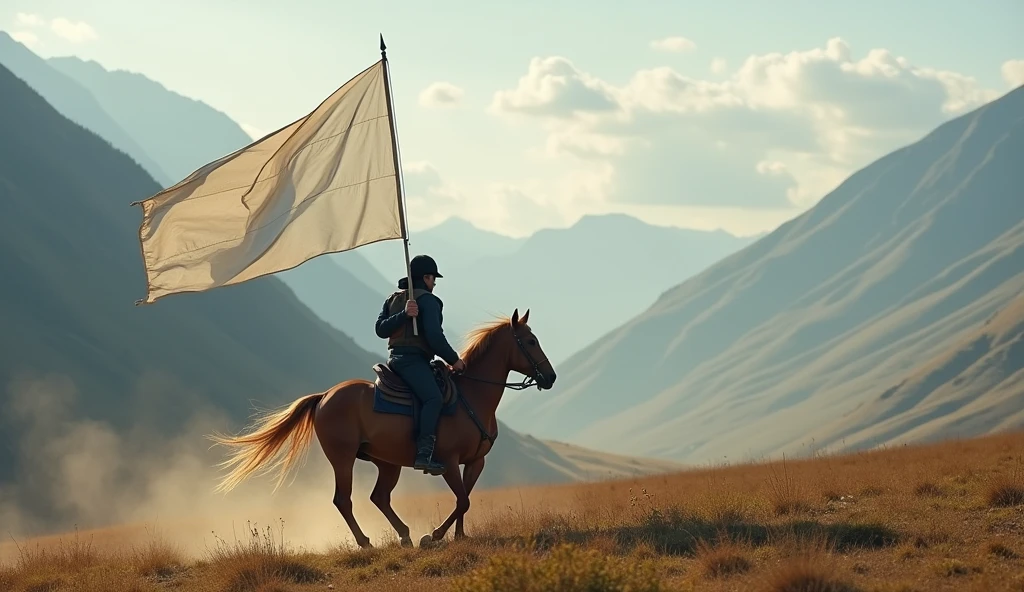 a man riding fast on a horse in mountains with a big white flag in his hand,