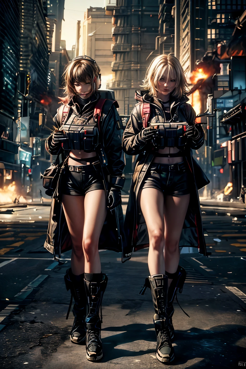 ((high quality)), ((masterpiece)), 8k, 2girls, bulletproof vest, light rays, extremely detailed CG unity 8k wallpaper, game cg, looking at viewer, gloves, boots, full body, watch, computer, mask, drone, holding weapon, headphones, jacket, (background destroyed city , explosion , smoke