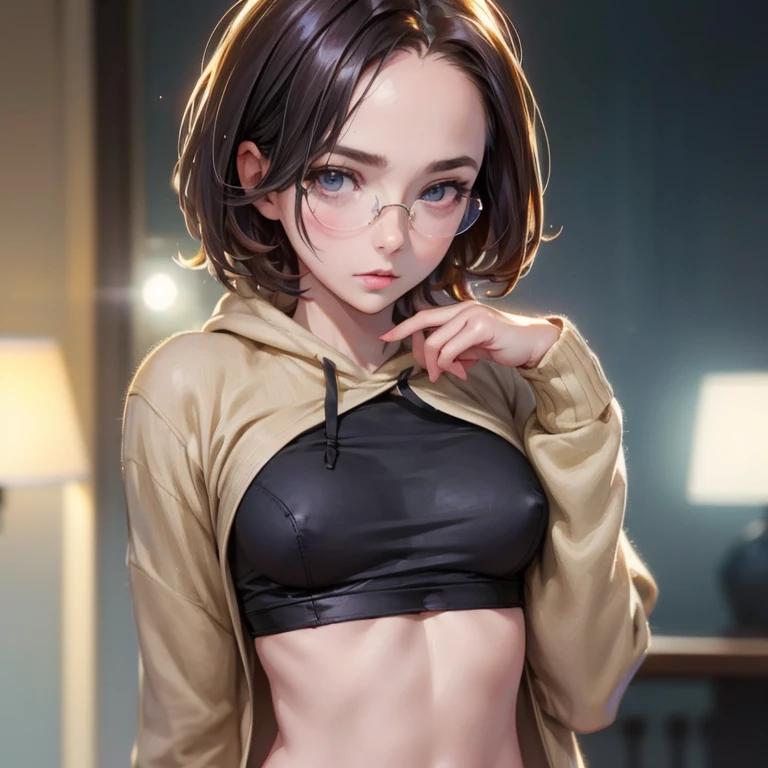 , (masterpiece:1.2, highest quality), (Realistic, photoRealistic:1.4), Beautiful illustrations, (Natural Side Lighting, Cinema Lighting), Written boundary depth, Beautiful thighs staring at the viewer, (((Face Focus, Upper Body))), 1 female, 30-year-old, alone, thin, slender, (small ), short Hair, straight Hair, Forehead, Forehead, Forehead, Forehead, thin, slender, glasses, hoodie,  pencil skirt, Are standing, ((Close-up)), ((Close-up)), ((Close-up))