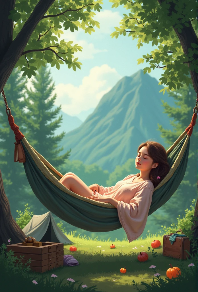 masterpiece, hello nothing, girl,Sleeping in a hammock, Pajamas, (Travel babes), forest, tree, Mount, tent, picnic, adventure