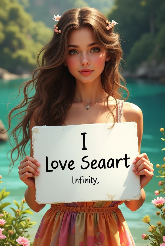 Beautiful girl with wavy long hair, bohemian dress, holding a white board with text "I Love Seaart Infinity" and showing it to the viewer