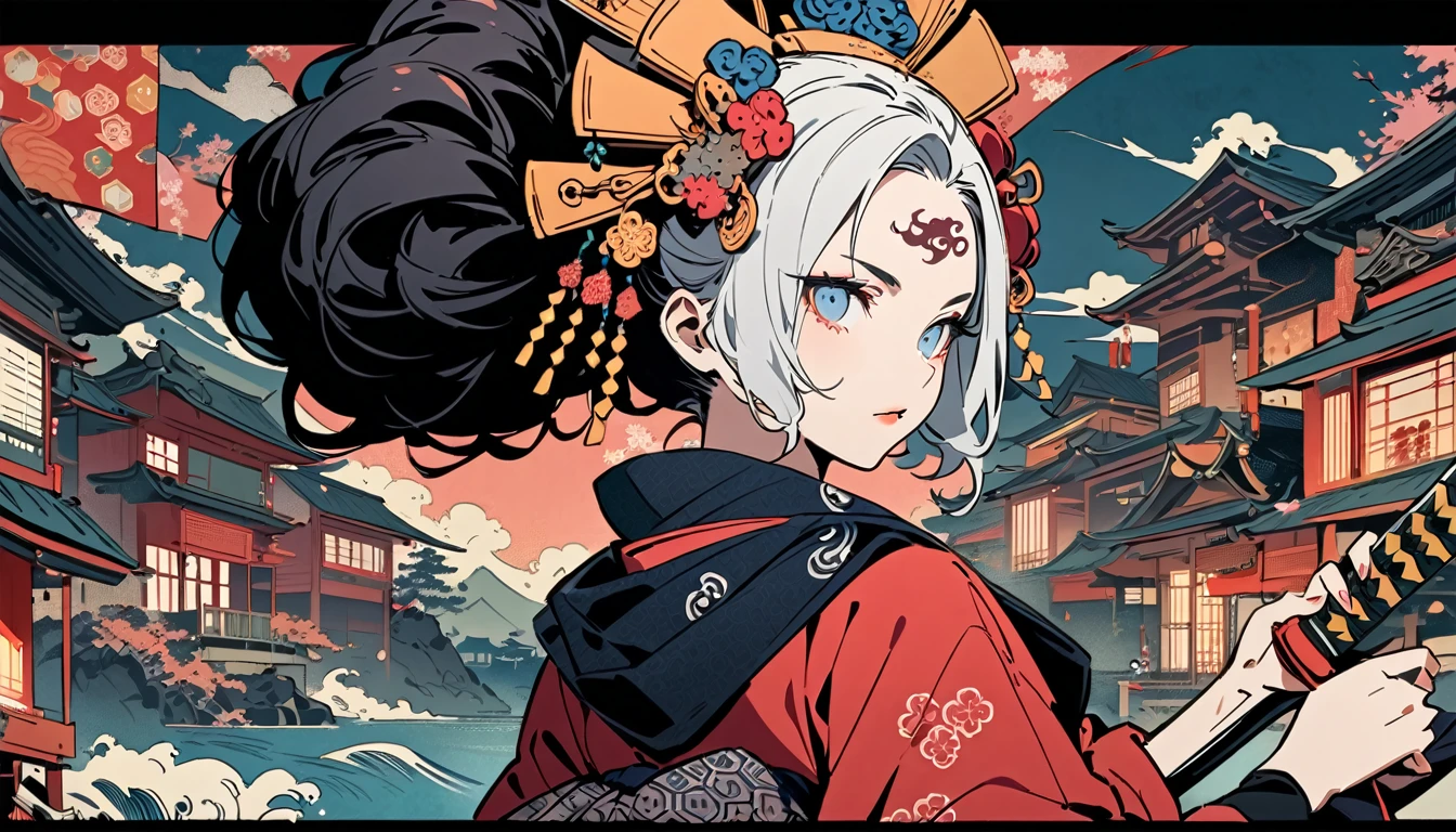 Ink painting, (((1 girl))), (((Tattoo in the middle of the forehead))),(((In the background is the Akatsuki moon))), (((dressed as a samurai))), (((holding a katana sword))), (((Oiran))), (((Great hair accessories))), Japanese style headphones, Demon possession, (((Sakura tree color eyes with engraving inside))),Face up close, Japanese beauty, White hair, Sensitive and precise, Modern Ukiyo-e style, Highest quality, katsushika hokusai, (((Elements of horror))), beautiful girl, Black hair, Sensitive and precise, Modern Ukiyo-e style, Cyberpunk city
