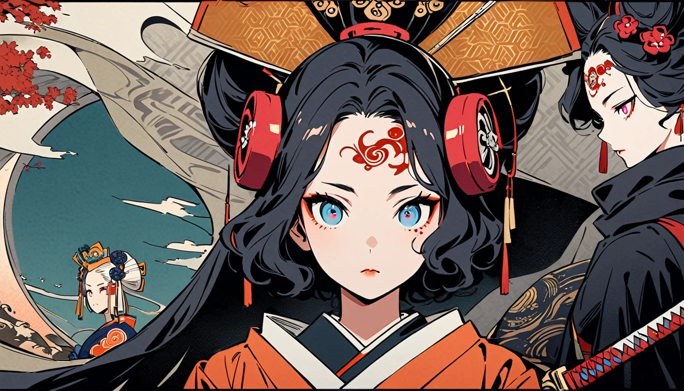 Ink painting, (((1 girl))), (((Tattoo in the middle of the forehead))),(((In the background is the Akatsuki moon))), (((dressed as a samurai))), (((holding a katana sword))), (((Oiran))), (((Great hair accessories))), Japanese style headphones, Demon possession, (((Sakura tree color eyes with engraving inside))),Face up close, Japanese beauty, White hair, Sensitive and precise, Modern Ukiyo-e style, Highest quality, katsushika hokusai, (((Elements of horror))), beautiful girl, Black hair, Sensitive and precise, Modern Ukiyo-e style, Cyberpunk city