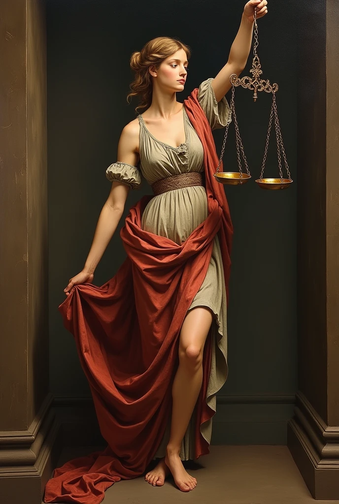 A law-themed painting with a Renaissance style including blind justice carrying a scale