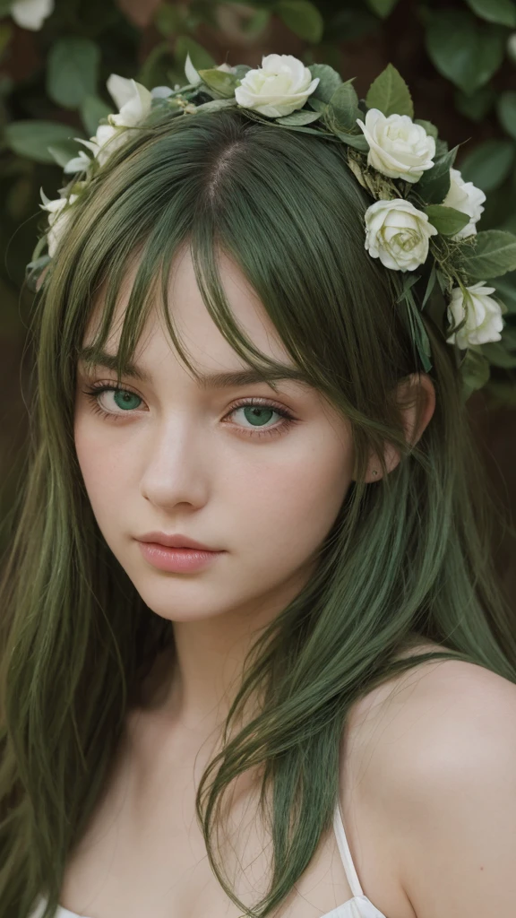 face portrait. a girl. european. extremely detailed face. oval face. delicate features. half-closed eyes. soft eyes. sad expression. seductive eyes. green eyes. long messy hairstyle. green hair. wreath on head. front view