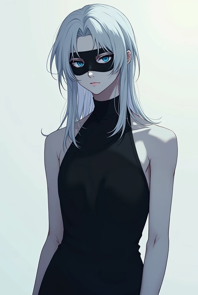 Anime boy in black dress
White skin
Blue eyes
Long hair
Black mask