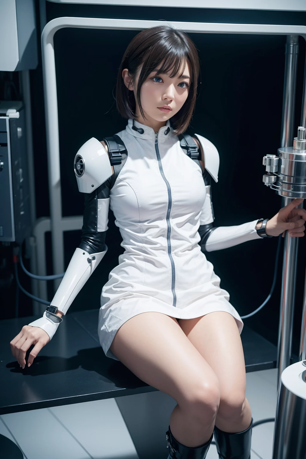 masterpiece, best quality, extremely detailed, Japaese android Girl,Plump,control panels,Mechanical Hand, Robot arms and legs,Mechanical body,Blunt bangs,perfect mechanical abdomen,future laboratory,charging spot,She is sitting the charging spot,laboratory,long tube,thick cable connected her neck, white robot body,The removable cover is in the groin,The connection port is in the groin,assembly plant,miniskirt,leather boots,(blue eyes:1.5)