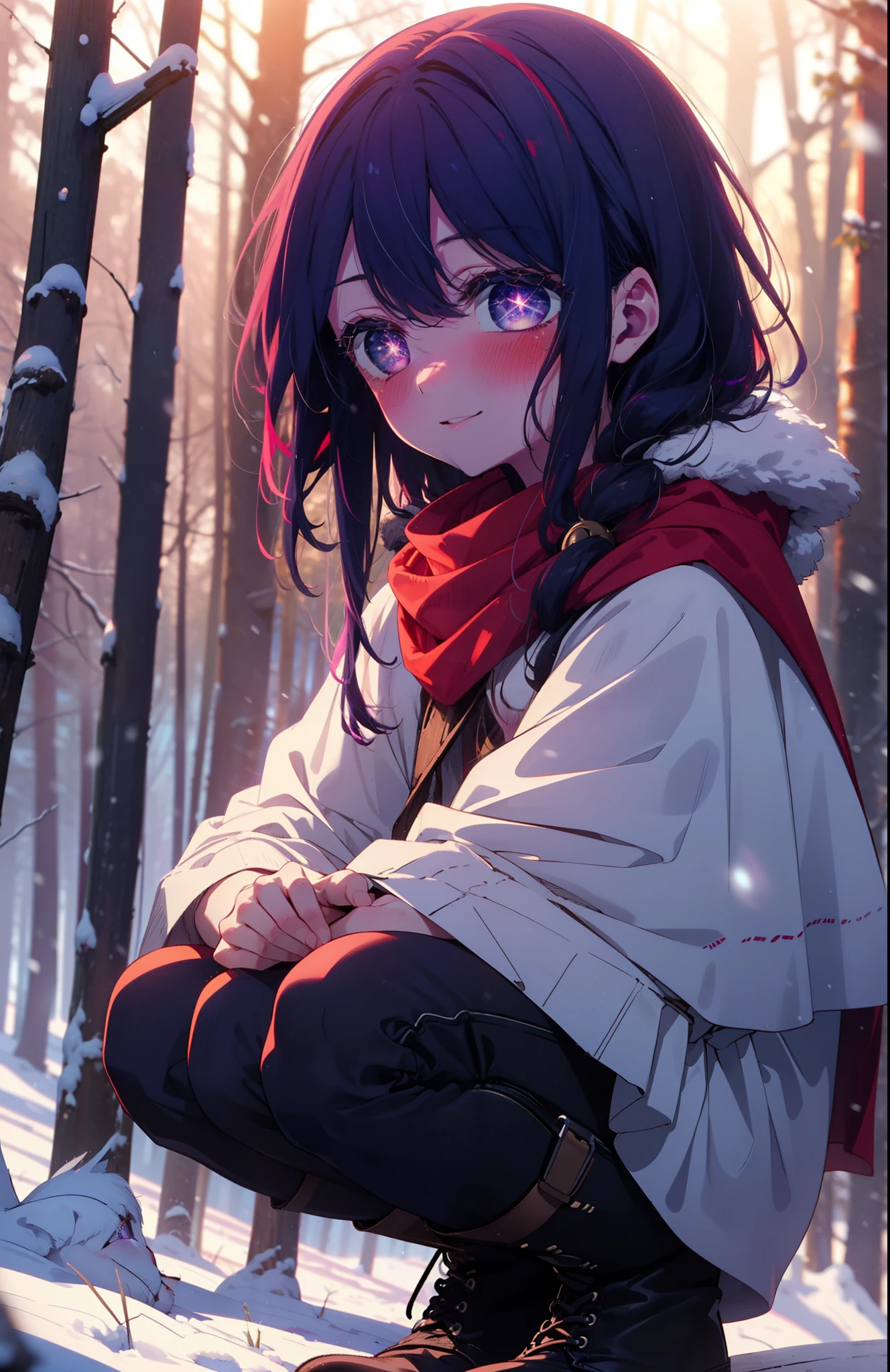 aihoshino, Ai Hoshino, Long Hair, bangs, (Purple eyes:1.1), Purple Hair, (Symbol-shaped pupil:1.5), smile,,smile,blush,white breath,
Open your mouth,snow,Ground bonfire, Outdoor, boots, snowing, From the side, wood, suitcase, Cape, Blurred, , forest, White handbag, nature, Squat, Mouth closed, Cape, winter, Written boundary depth, Black shoes, red Cape break looking at viewer, Upper Body, whole body, break Outdoor, forest, nature, break (masterpiece:1.2), Highest quality, High resolution, unity 8k wallpaper, (shape:0.8), (Beautiful and beautiful eyes:1.6), Highly detailed face, Perfect lighting, Extremely detailed CG, (Perfect hands, Perfect Anatomy),