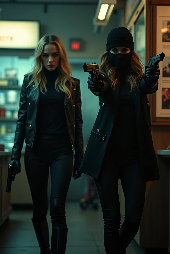 scarlett johansson et natalie portman qui fait on braquage dans un magasin pour vider la caisse avec elle porte une cagoule et elle porte des gants en cuir et elle porte des bottes en cuir et duex pistolet 