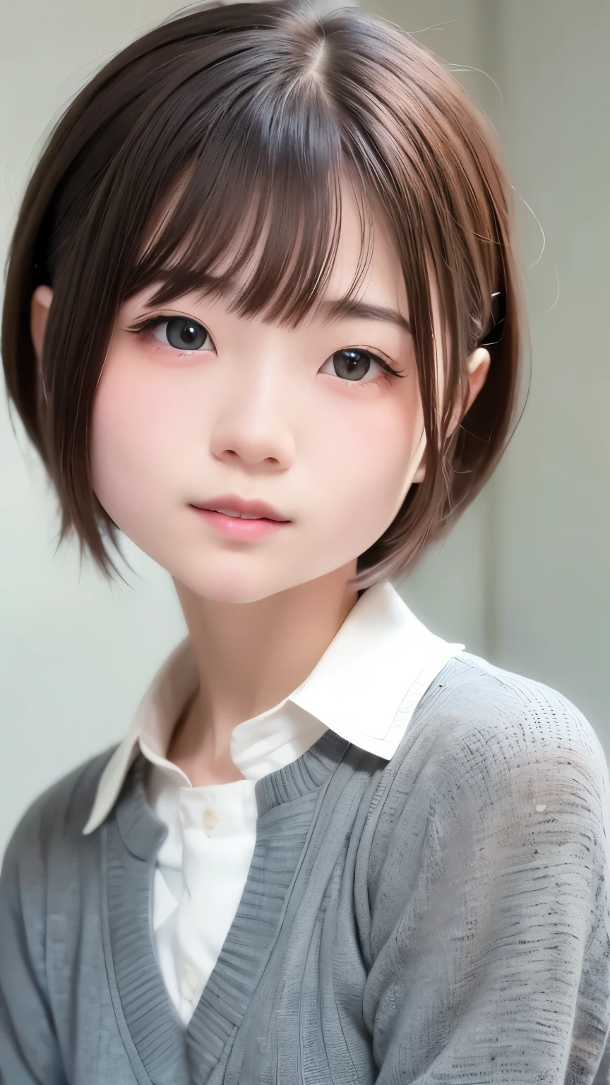 1 very cute girl、12 years old、short hair、Gray Hair、Blue background、Upper Body、(head shot:1.5)、Eyes focus、Collared shirt、Laughter、、(8k、RAW Photos、Highest quality、masterpiece:1.2)、(Realistic、Realistic:1.3)、Hmph、Deep writing depth、Wide Light、High Contrast、(Shine:1.4)、chromatic aberration、Sharp focus、RAW Color PhotoMovie Still Images、Cinema Lighting、8k resolution、
