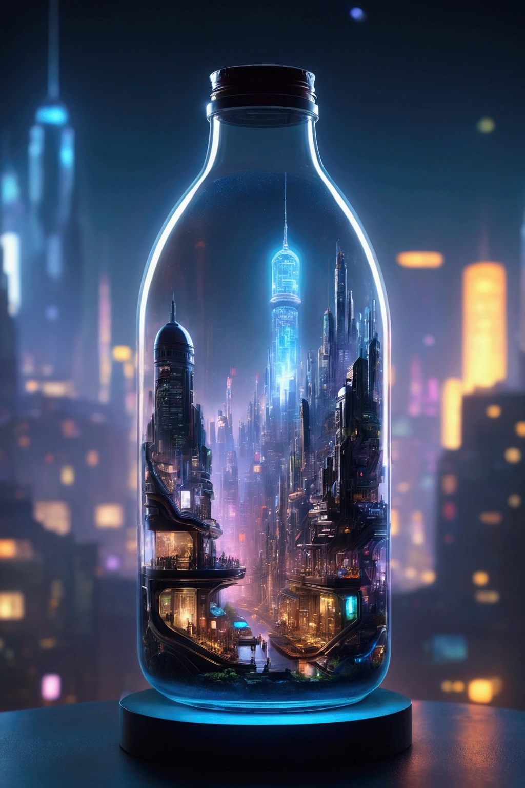 Create a futuristic cyberpunk city inside a bottle, Play of light and shadows, masterpiece, Bokeh lighting, hyperrealistic

