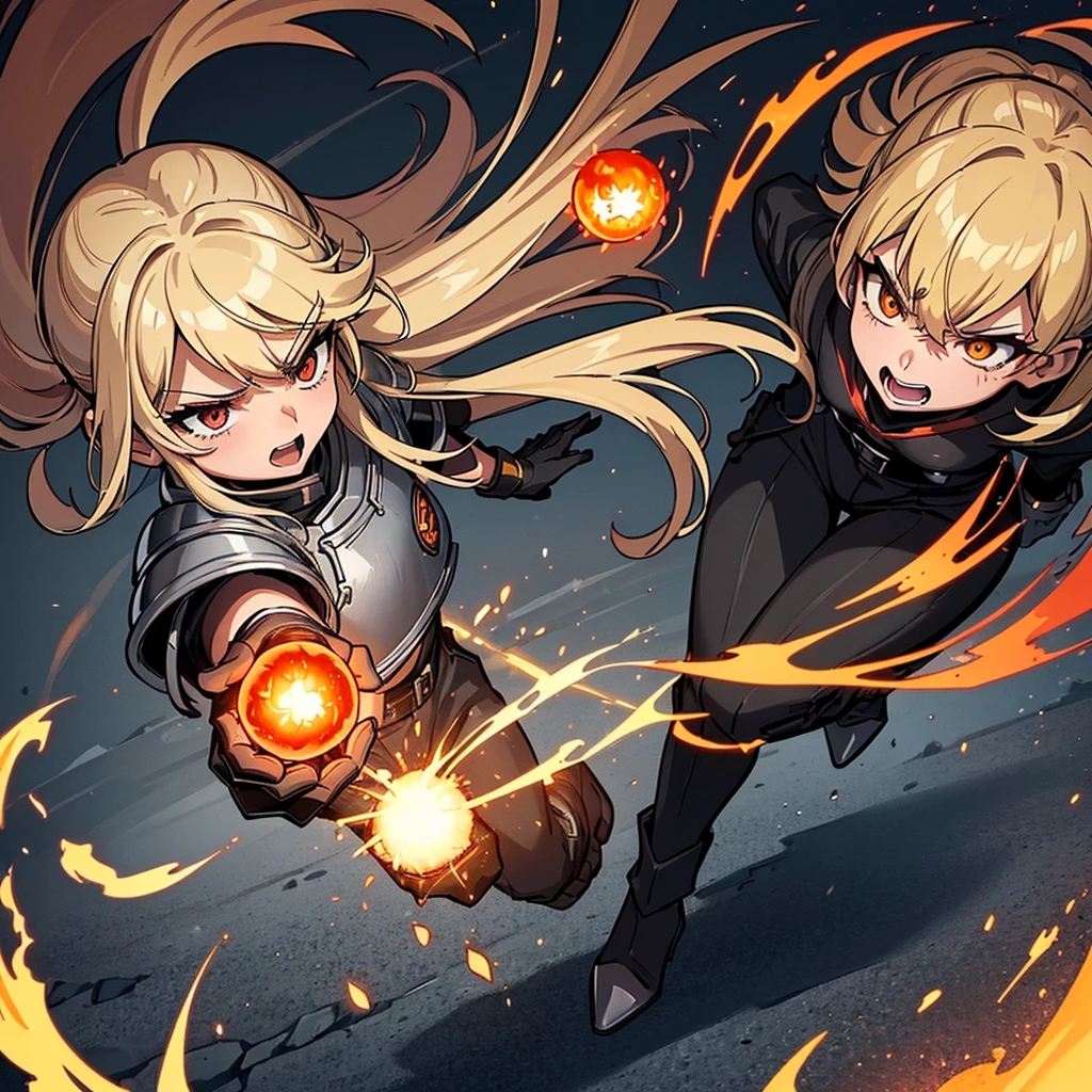 ((((Solo))))、Best illustrations、Best Quality、(Full body character concept、Character Design)、(((Grey Armor、Black trousers、Black gloves))、(woman、18-year-old)、(Blonde、Long Hair)、(Get Ready、Run)、(get annoyed、Open your mouth)、(Particles of light, light, fireball、inflammationの玉、inflammation、inflammationの魔法、Deathblow)、Dramatic Angle、Both hands in front、Diagonally from the side
