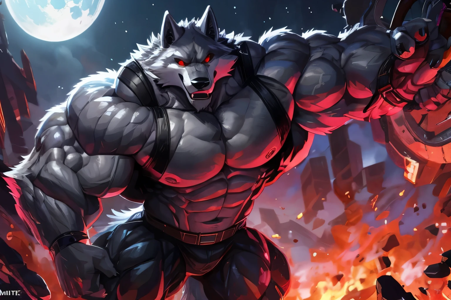 a sci fi  bodybuilder anthropormorphic wolf, black grey fur, red eyes, very muscular. He is has on his body a device that can give him in his muscle a serum of strenght