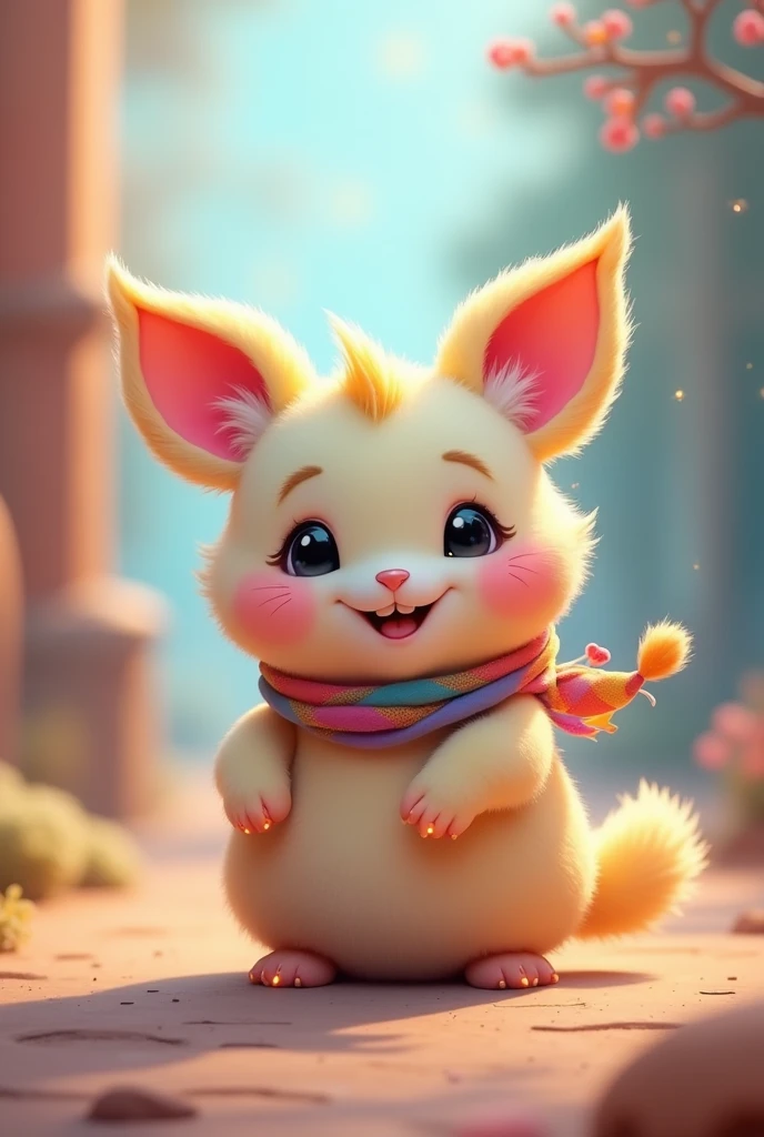 Details:
Character Design
Size and Shape: About three feet tall, round and cuddly.
Fur: Soft, pastel-colored, changes with his mood (yellow when happy, pink when shy, blue when
excited).
Eyes: Big, round, and sparkly, like stars.
Smile: Wide and warm with tiny, pearly teeth.
Ears: Two large, floppy ears that wiggle.
Paws: Gentle with glowing pads.
Tail: Long and fluffy, perfect for tickling.
Accessories: Wears a small, colorful scarf.
Fluffy is friendly, joyful, and always ready to make new friends!