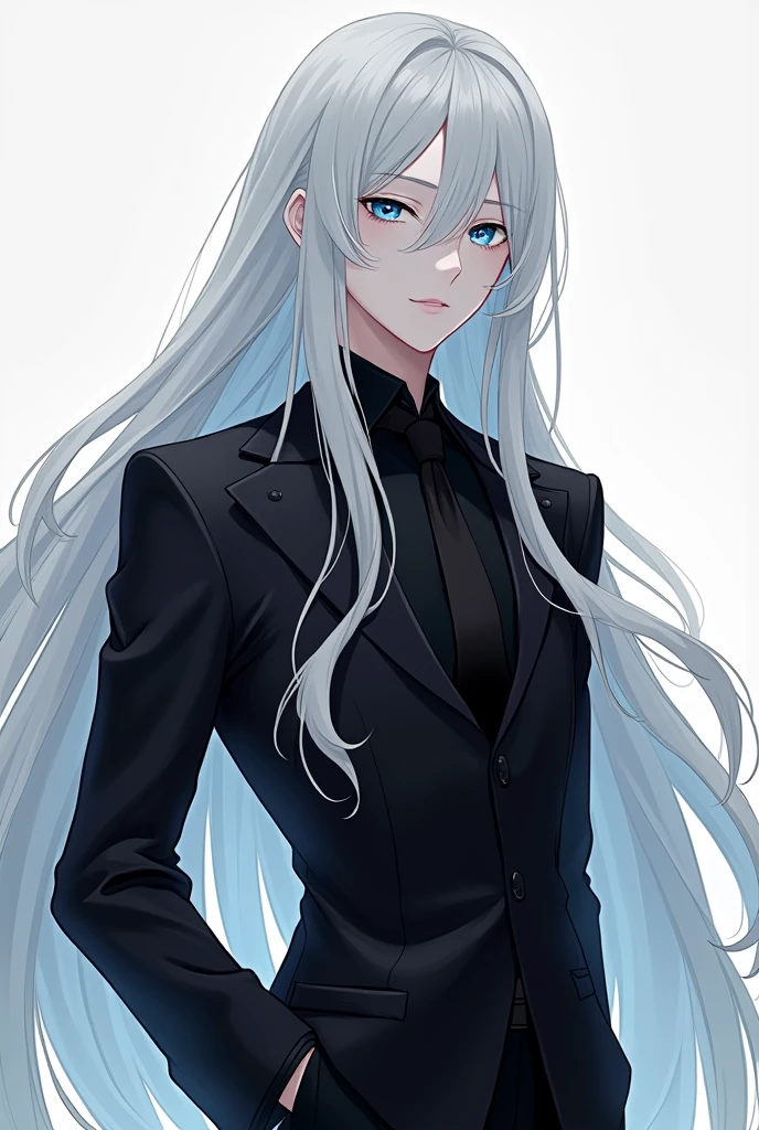 Anime male in black dress
White skin
Blue eyes
Long hair

