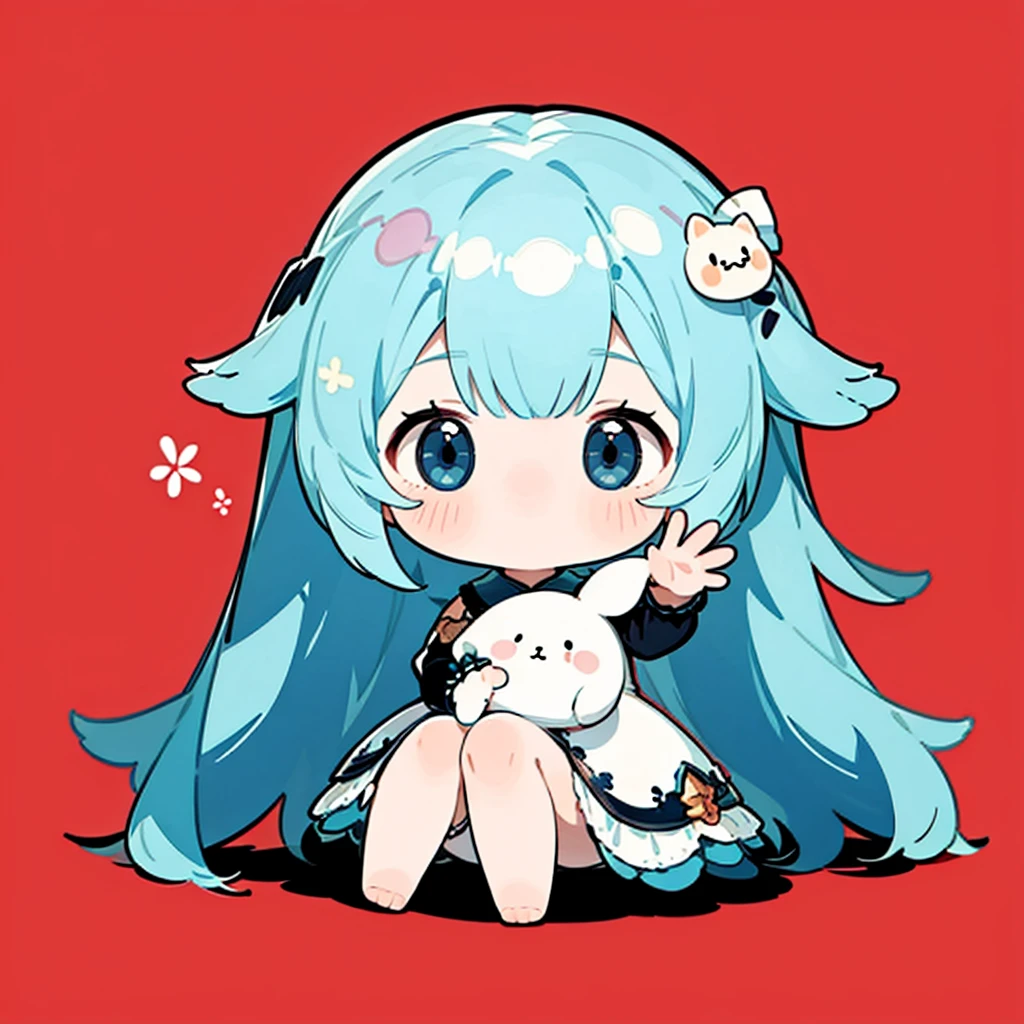 Little、cute、Highest quality、Masterpiece、Award-winning works、Full HD、Ultra-high resolution、Best aesthetics、Highest quality foot depiction、Anime Style、Flat Avatar、Milky white hair color、Long Straight Hair、Sitting with her legs stretched out、Inside a circular shape、Chic black and red dress、Holographic transparent seven-color background、Sanrio Character Plush Toys、