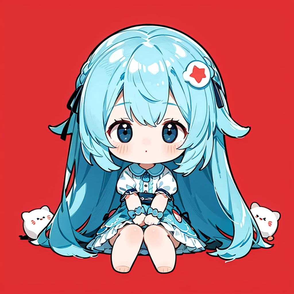 Little、cute、Highest quality、Masterpiece、Award-winning works、Full HD、Ultra-high resolution、Best aesthetics、Highest qualityの足の描写、Anime Style、Flat avatar、Milky white and blue hair color、Long Straight Hair、Sitting with her legs stretched out、Inside a circular shape、Chic black and red dress、Simple Background、Sanrio Character Plush Toys、