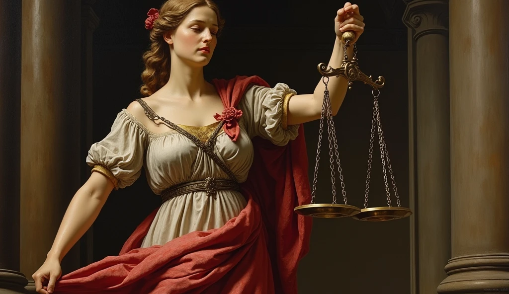 A law-themed painting with a Renaissance style including blind justice carrying a scale
