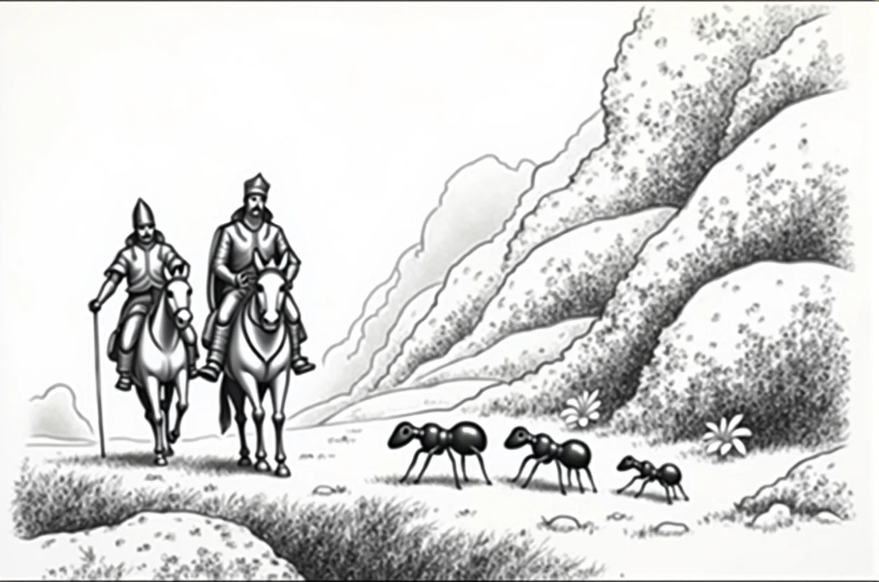 In year 1630s a king with his soldier are going in jungle with there horses and a group of ants where there in there way