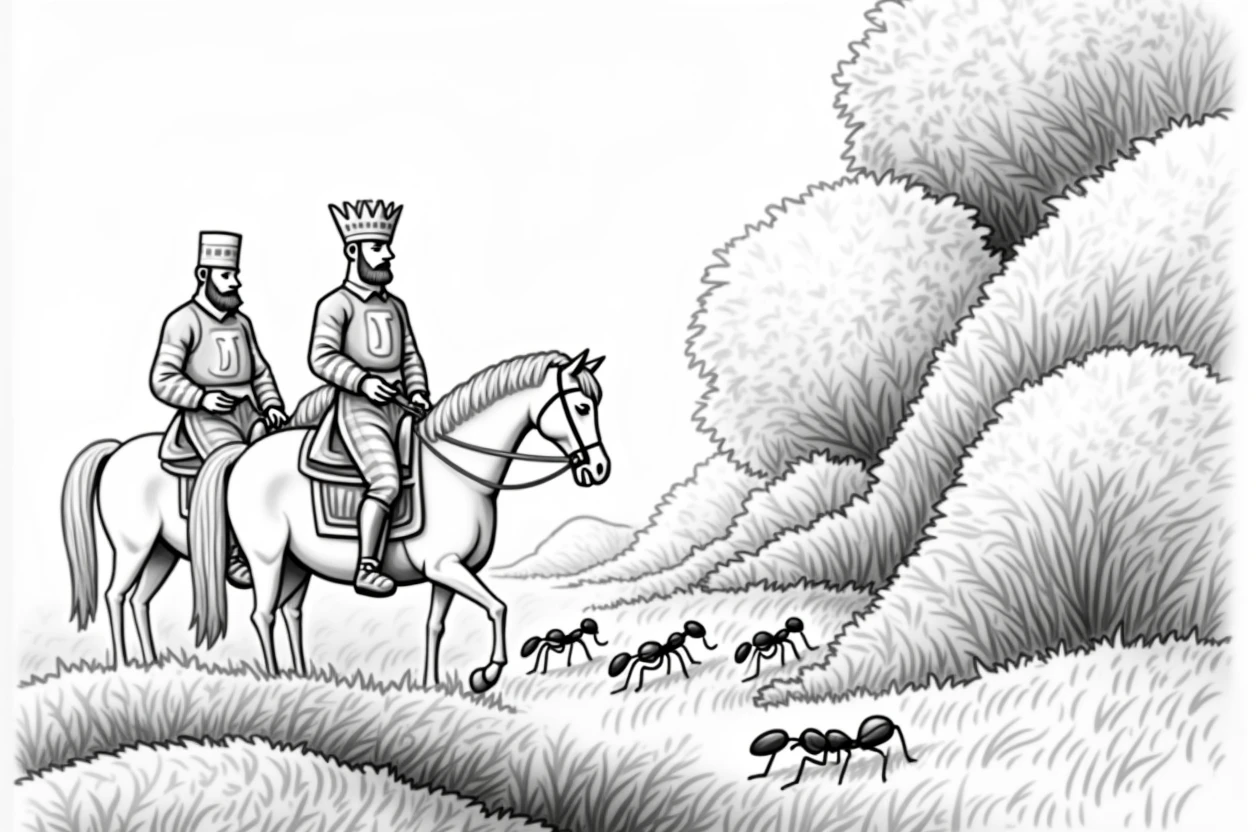 In year 1630s a king with his soldier are going in jungle with there horses and a group of ants where there in there way 