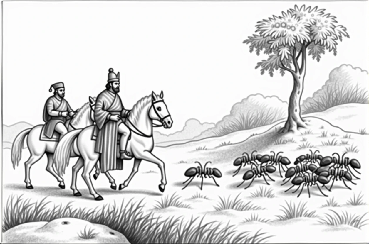 In year 1630s a king with his soldier are going in jungle with there horses and a group of ants where there in there way 