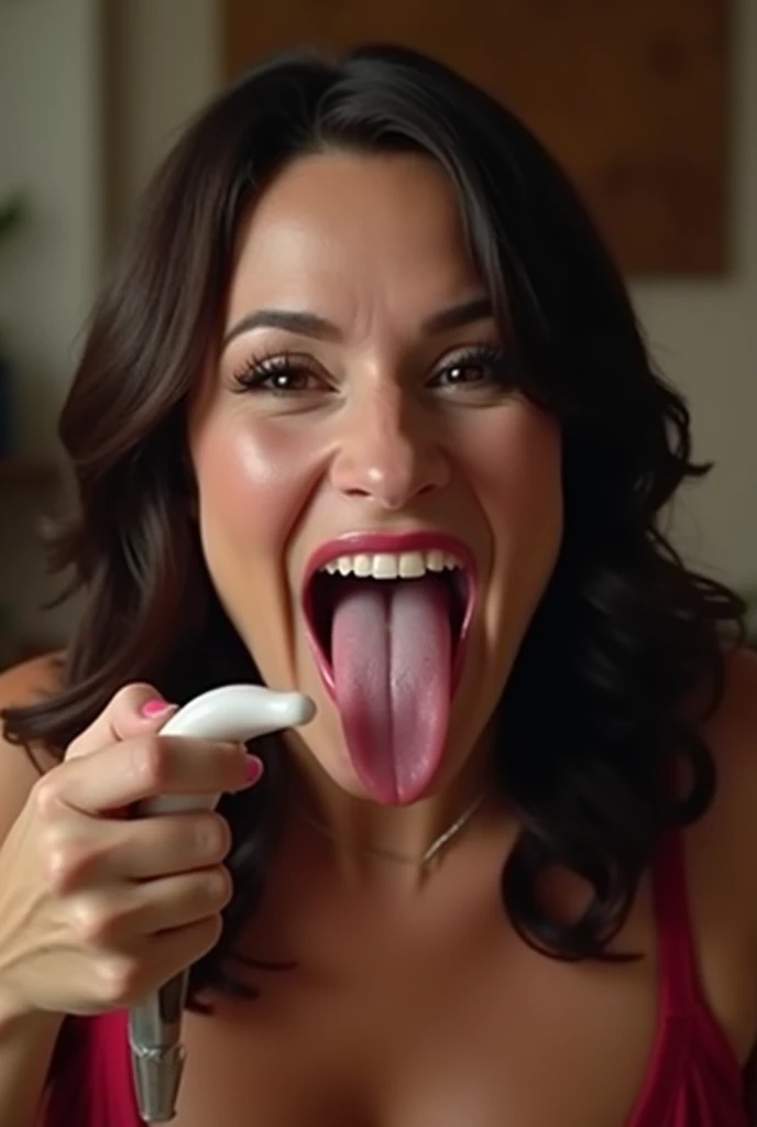 Actress Ana farris opens her mouth wide showing you her uvula and super thick slimy white Tongue licking a penis