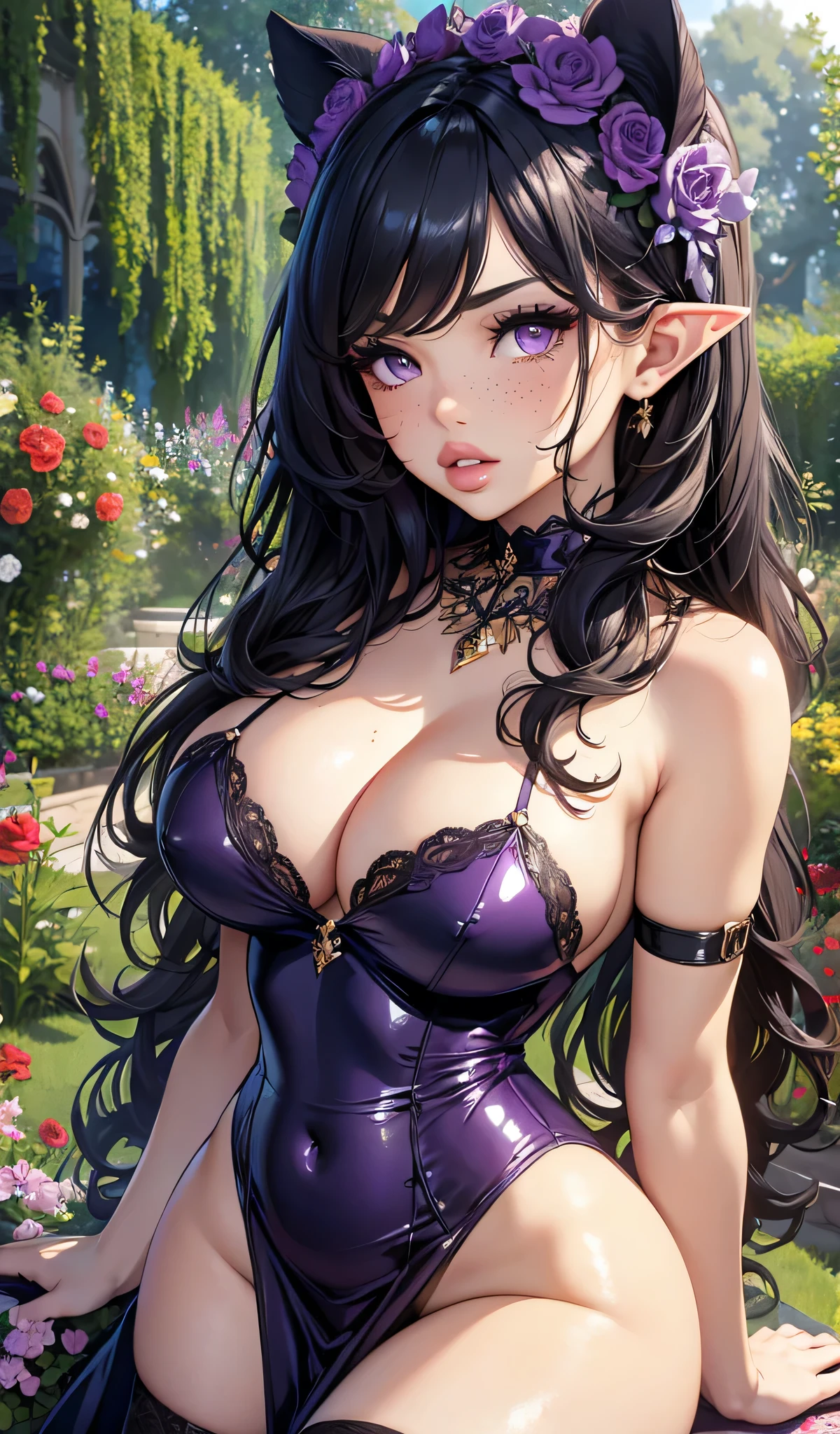 ((Best quality)), ((masterpiece)), (detailed: 1.5), ((ultra, 8k)). Beautiful woman, one girl, very detailed eyes, very detailed hair, very detailed clothes, very detailed face, 25 years old. ((Purple eyes)), ((black hair, wavy hair, long hair, long bangs)), pale skin, small elf ears, ((purple latex dress)), (stockings), ((large breasts)), cleavage, sexy, choker, beautiful eyelashes, eyeliner, sultry eyes, juicy lips, plump lips, soft blush, smooth skin, freckles, dolly face, arched eyebrows. Looking at viewer, garden background, standing provocatively.