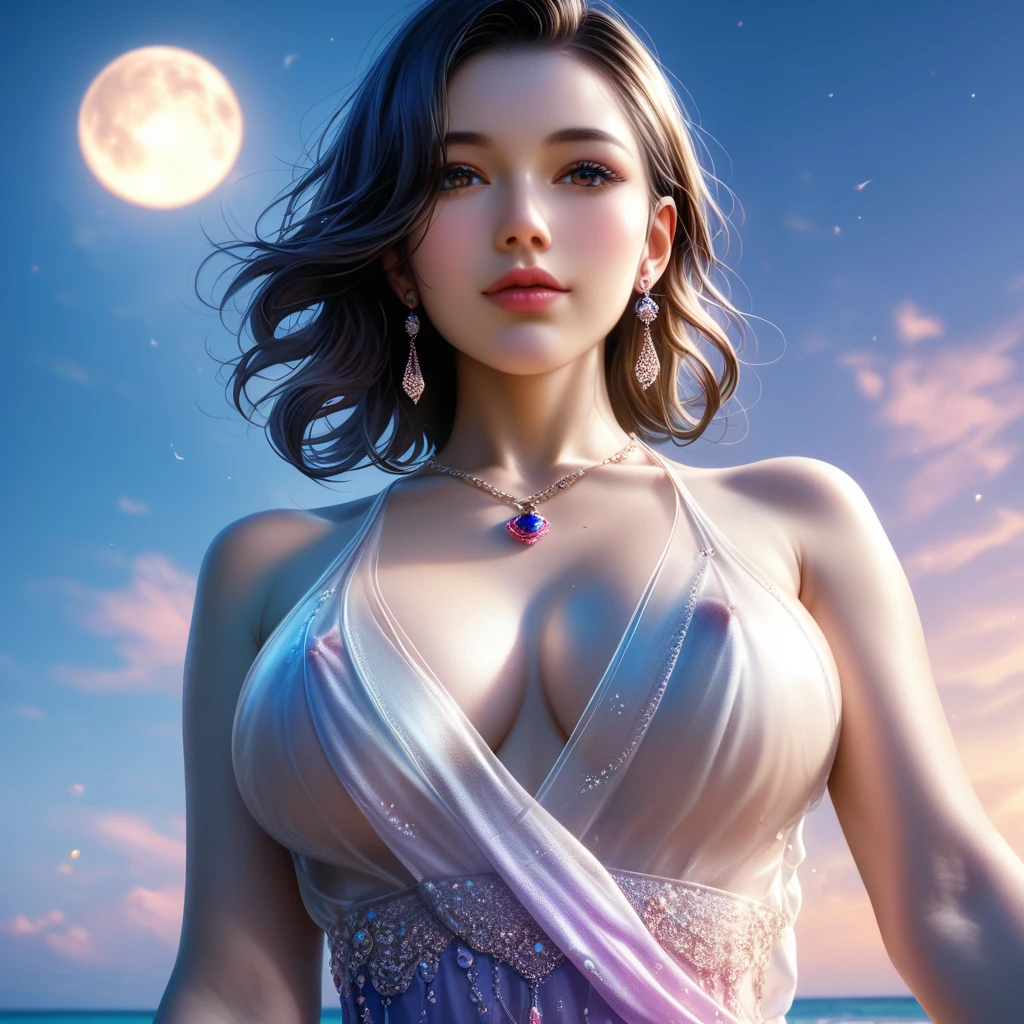 score_9, score_8_superior, score_7_superior, A masterpiece in 32K resolution,Highest quality,it is really amazing,Very detailed,Ultra-high resolution,Ultra-realistic,Realistic,Increased depth of field,Cinematic lighting,
Sexy mature Japan woman,
black straight medium hair,Ultra-detailed and beautiful face,Gentle expression,Translucent white skin,Realistic skin texture,
Elegant swimwear,
Elegant and luxurious design,Colorful color patterns,Beautifully detailed decoration,Detailed fabric texture,
Gorgeous necklace,Earrings,
Coastline at night,delay々A desolate sandy beach that continues,The huge moon illuminates the beach in a fantastic way,Dark clouds floating in the dark night sky,
Low - Angle,